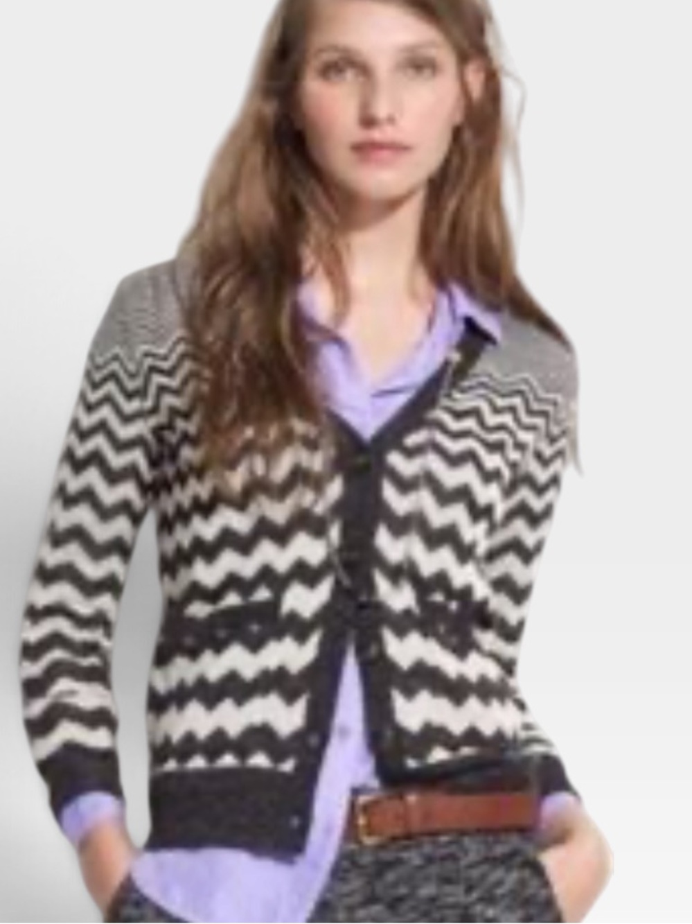 Chevron Button-Front Cardigan Sweater in Black and White